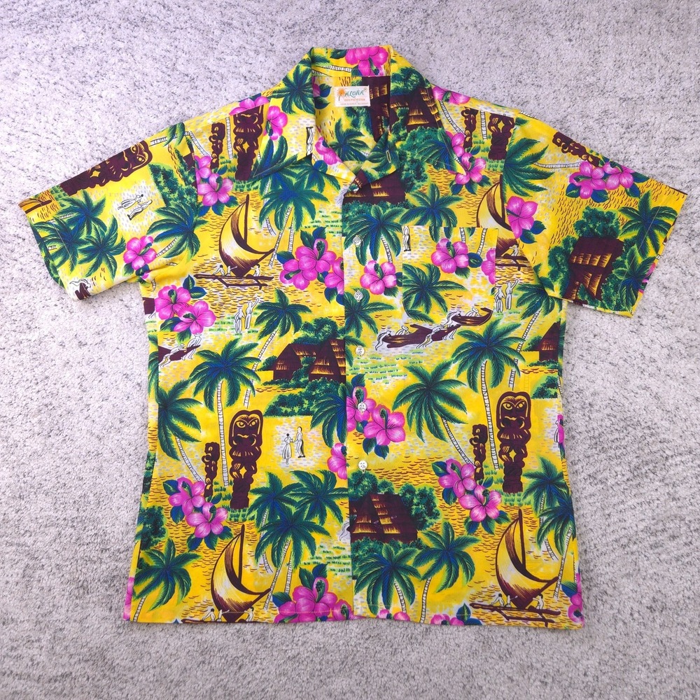 Vintage Hawaiian Shirt Mens Medium Aloha Tiki Polynesian Yellow Pink